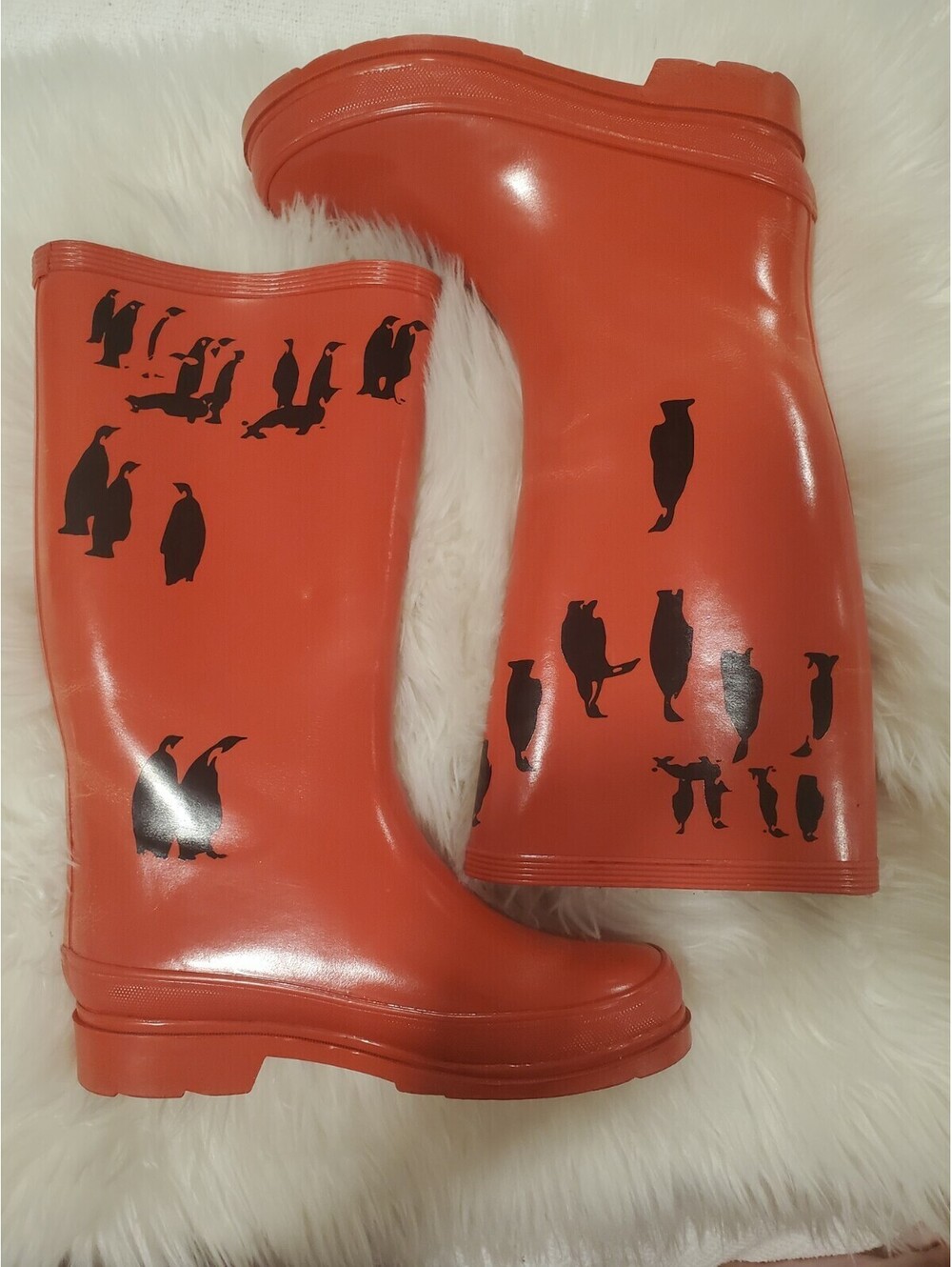 J Crew Size 6 Red Sherpa Lined Penguin Rain Boots